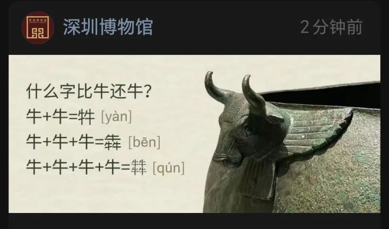深圳博物馆2分钟前什么字比牛还牛？牛+牛=牲[yan]牛+牛
