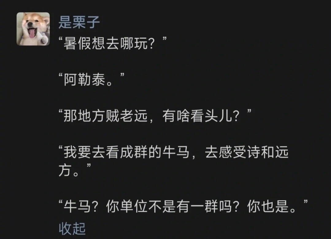 是栗子暑假想去哪玩？阿勒泰。那地方贼老远，有啥看头儿？我要去