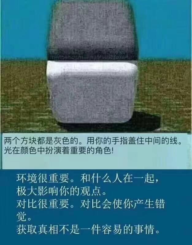 两个方块都是灰色的。用你的手指盖住中间的线。光在颜色中扮演着