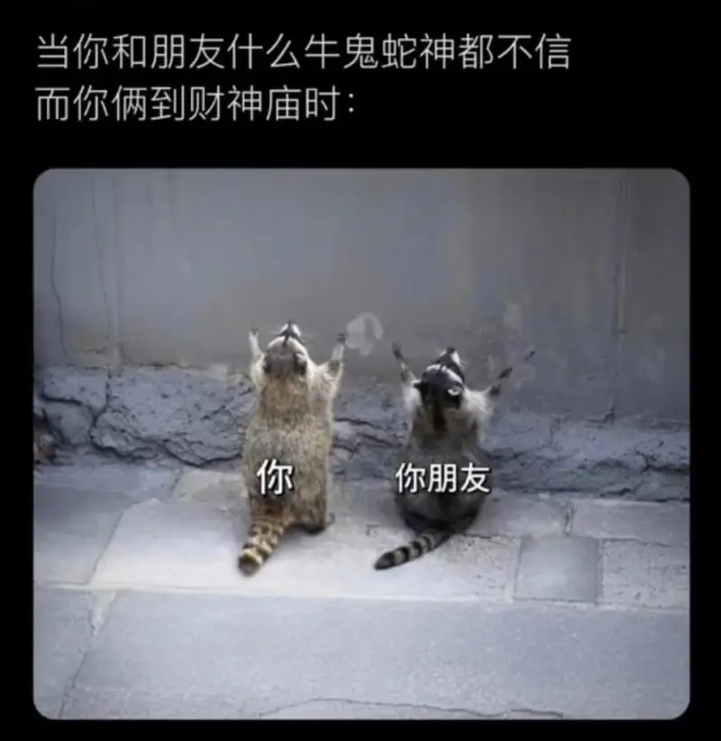 当你和朋友什么牛鬼蛇神都不信而你俩到财神庙时：你你朋友