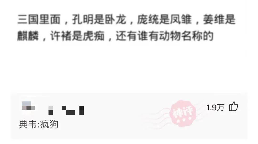 三国里面，孔明是卧龙，庞统是凤雏，姜维是麒麟，许褚是虎痴。还