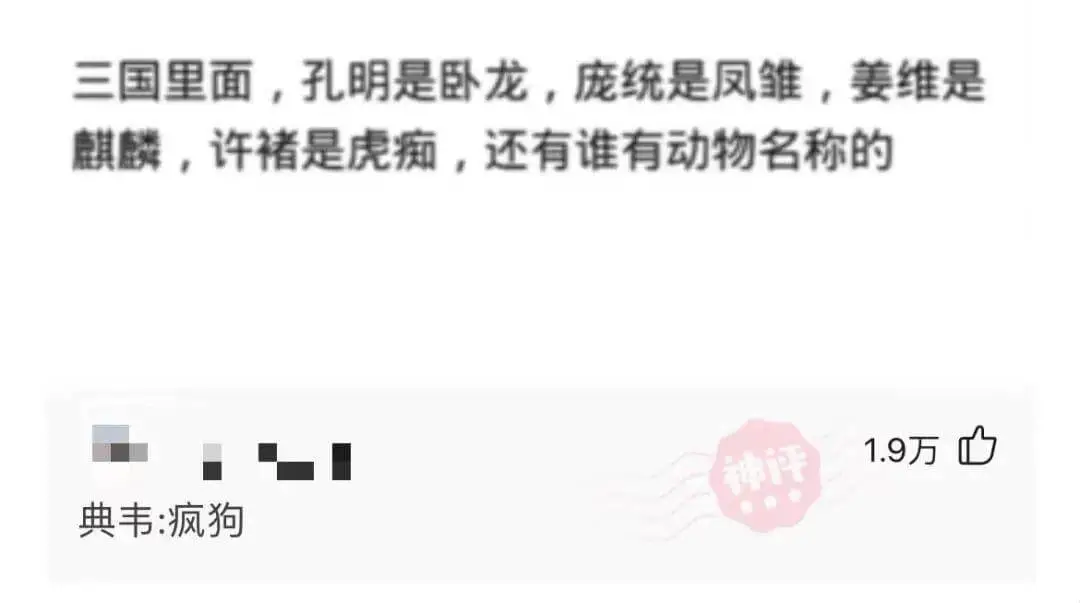 三国里面，孔明是卧龙，庞统是凤雏，姜维是麒麟，许褚是虎痴。还