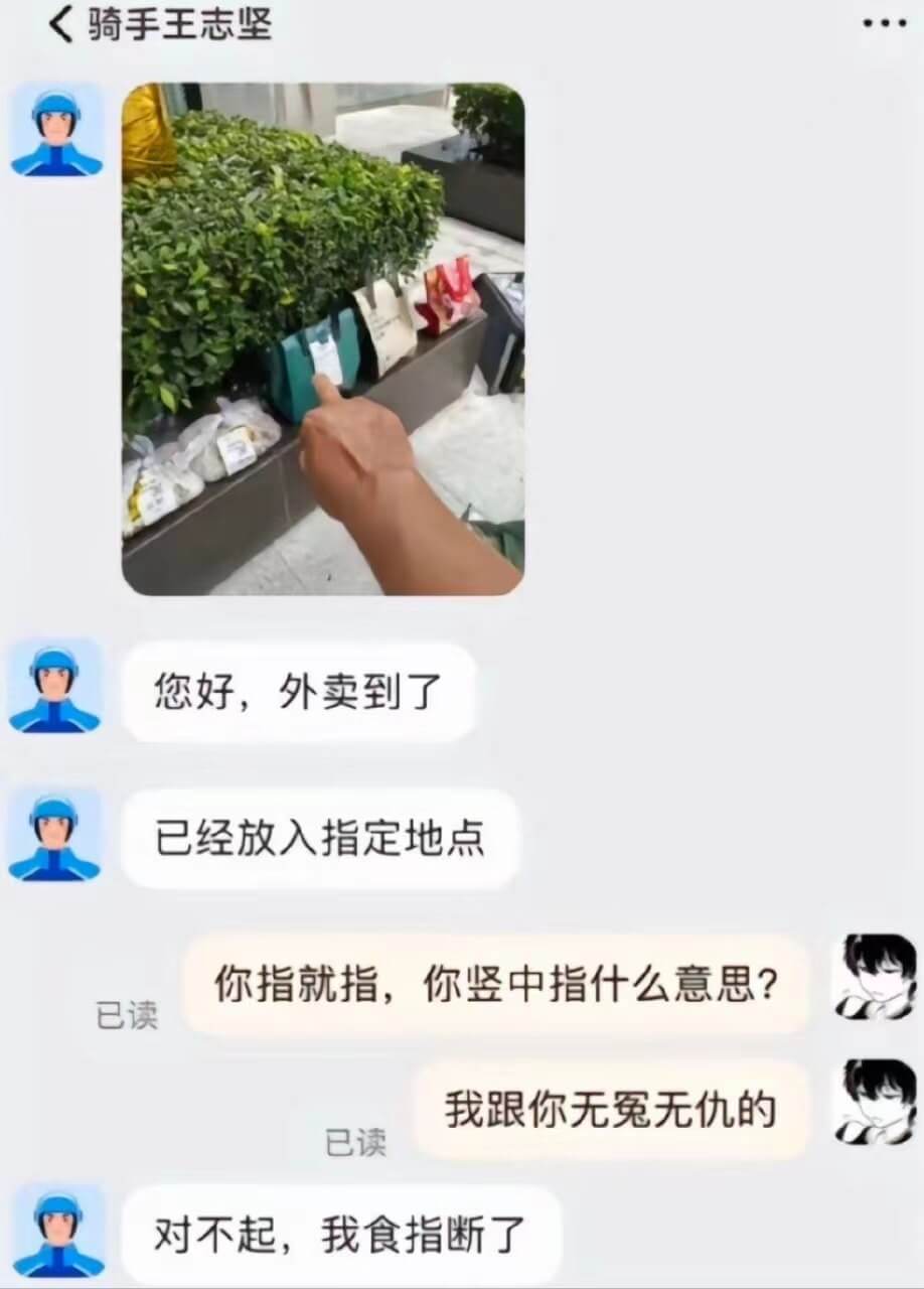 您好，外卖到了。已经放入指定地点。已读。你指就指，你竖中指什