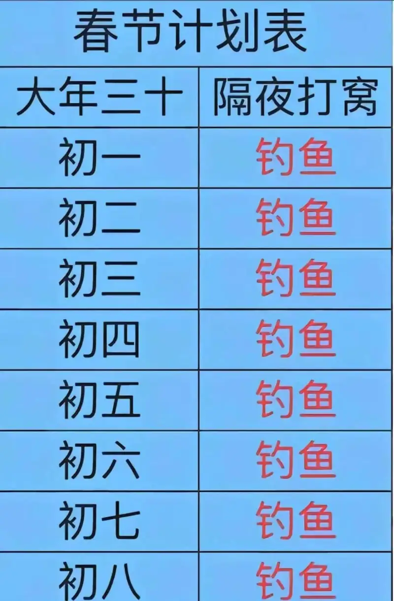 春节计划表|时间|活动||---|---||大年三十|隔夜打