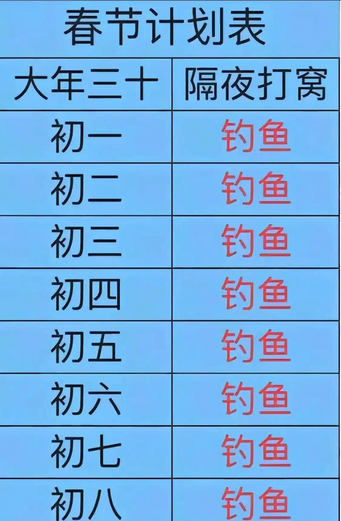 春节计划表|时间|活动||---|---||大年三十|隔夜打