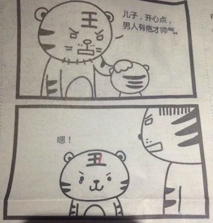儿子，开心点，男人有疤才帅气。丑