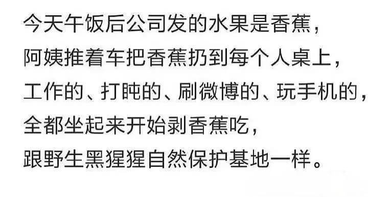 今天午饭后公司发的水果是香蕉，阿姨推着车把香蕉扔到每个人桌上