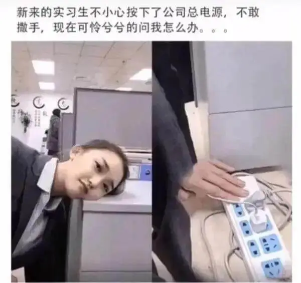 新来的实习生不小心按下了公司总电源，不敢撒手，现在可怜兮兮地