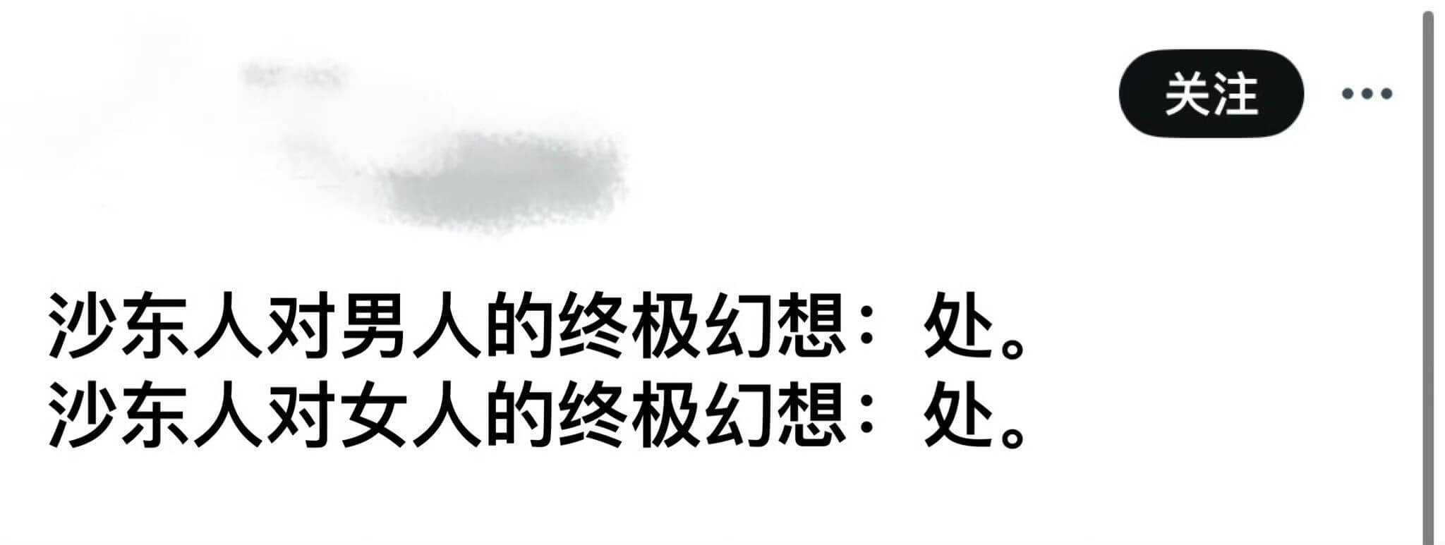 关注沙东人对男人的终极幻想：处。沙东人对女人的终极幻想：处。
