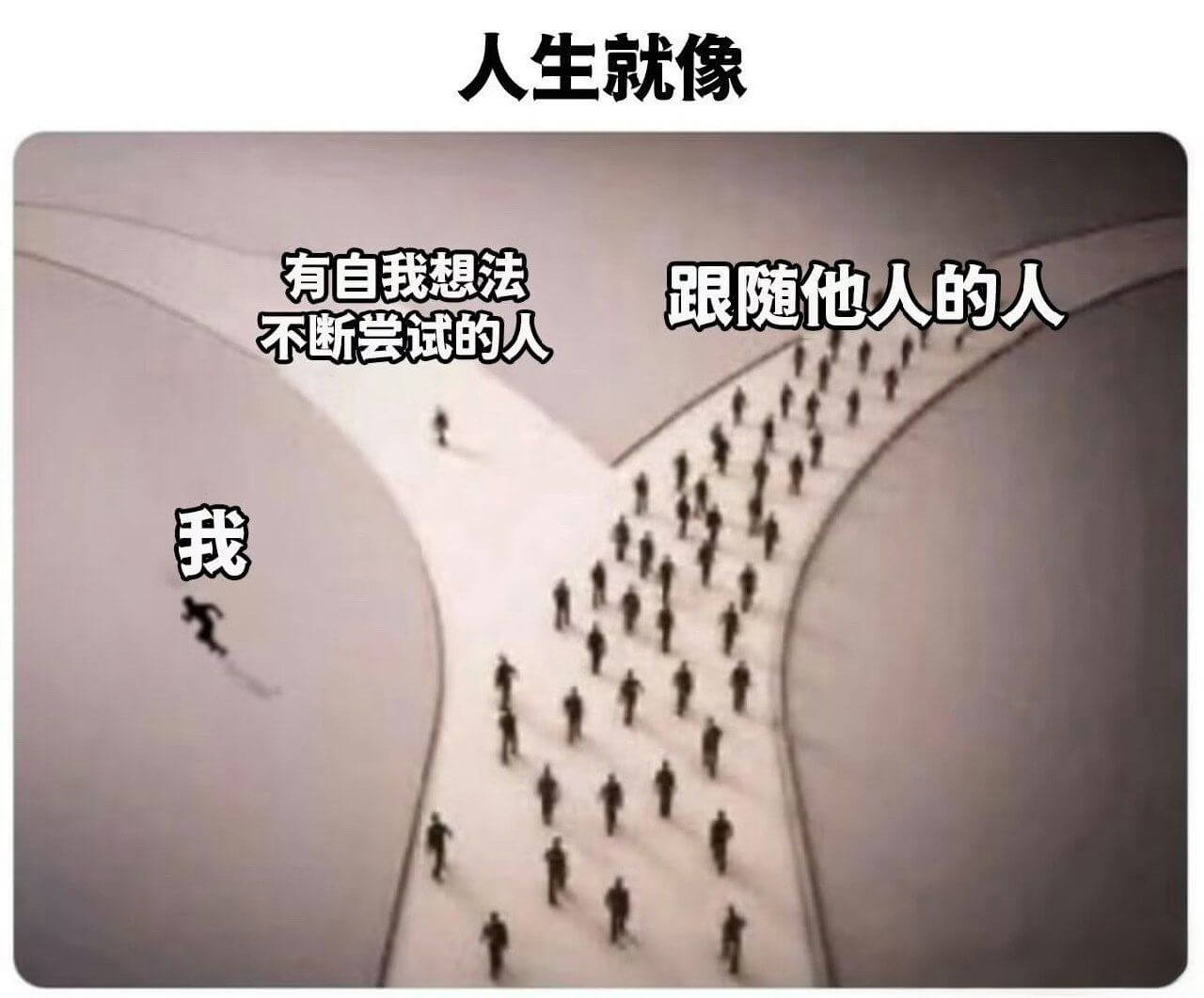 人生就像有自我想法，不断尝试的人跟随他人的人