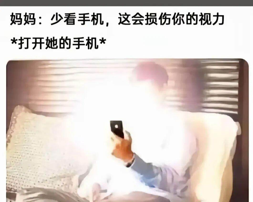 妈妈：少看手机，这会损伤你的视力。*打开她的手机*