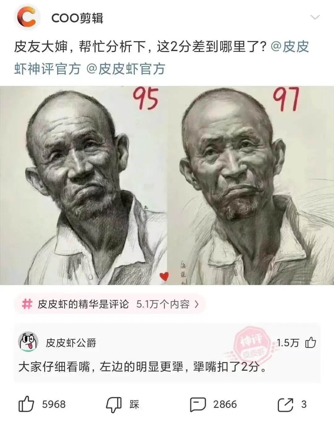 COO剪辑皮友大，帮忙分析下，这2分差到哪里了？@皮皮虾神评