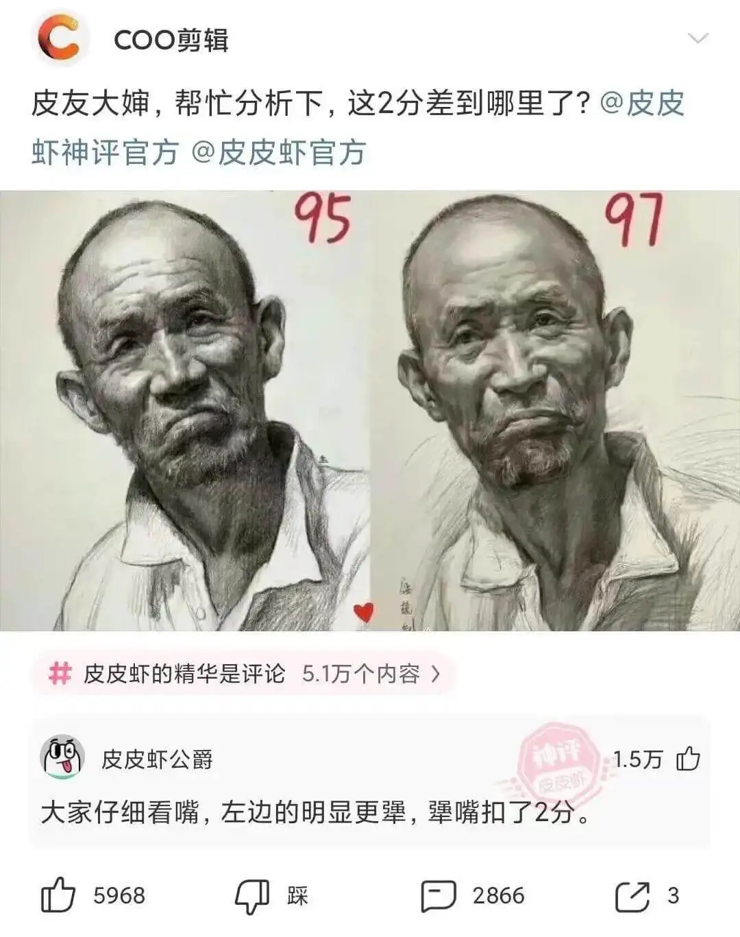 COO剪辑皮友大，帮忙分析下，这2分差到哪里了？@皮皮虾神评