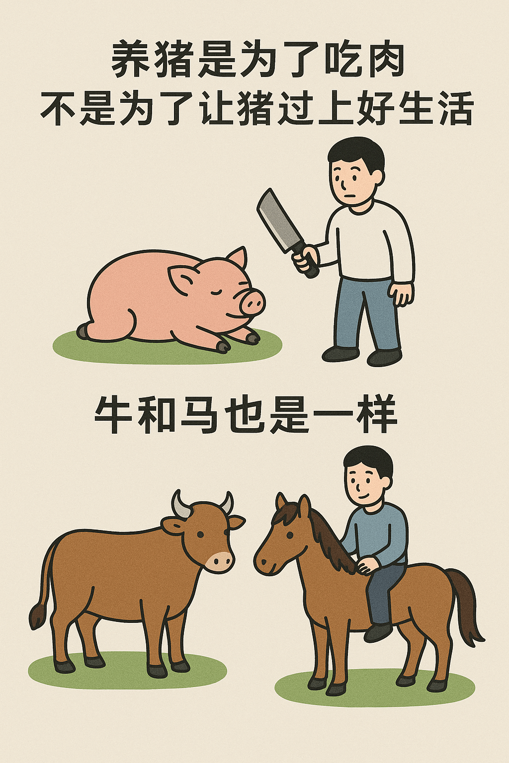 养猪是为了吃肉不是为了让猪过上好生活牛和马也是一样