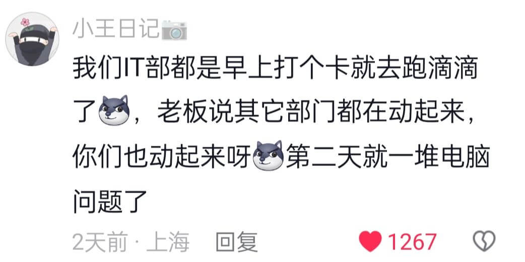 我们IT部都是早上打个卡就去跑滴滴了,老板说其它部门都在动起