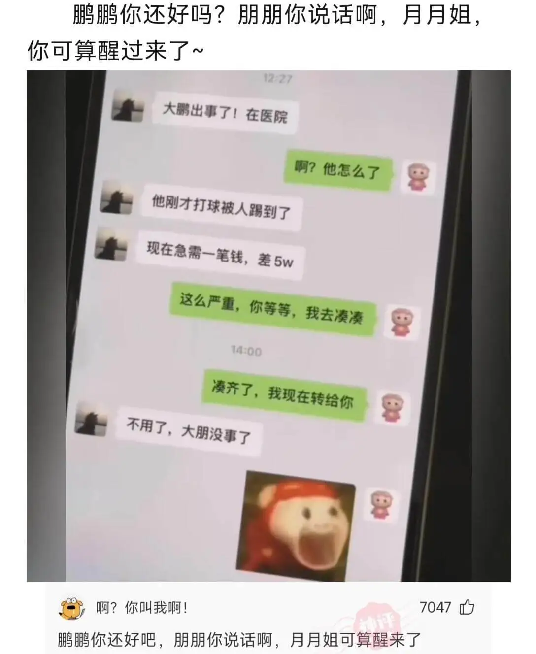 鹏鹏你还好吗?朋朋你说话啊,月月姐,你可算醒过来了~12:2