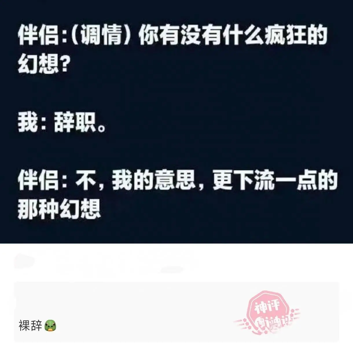 伴侣:(调情)你有没有什么疯狂的幻想?我:辞职。伴侣:不，我
