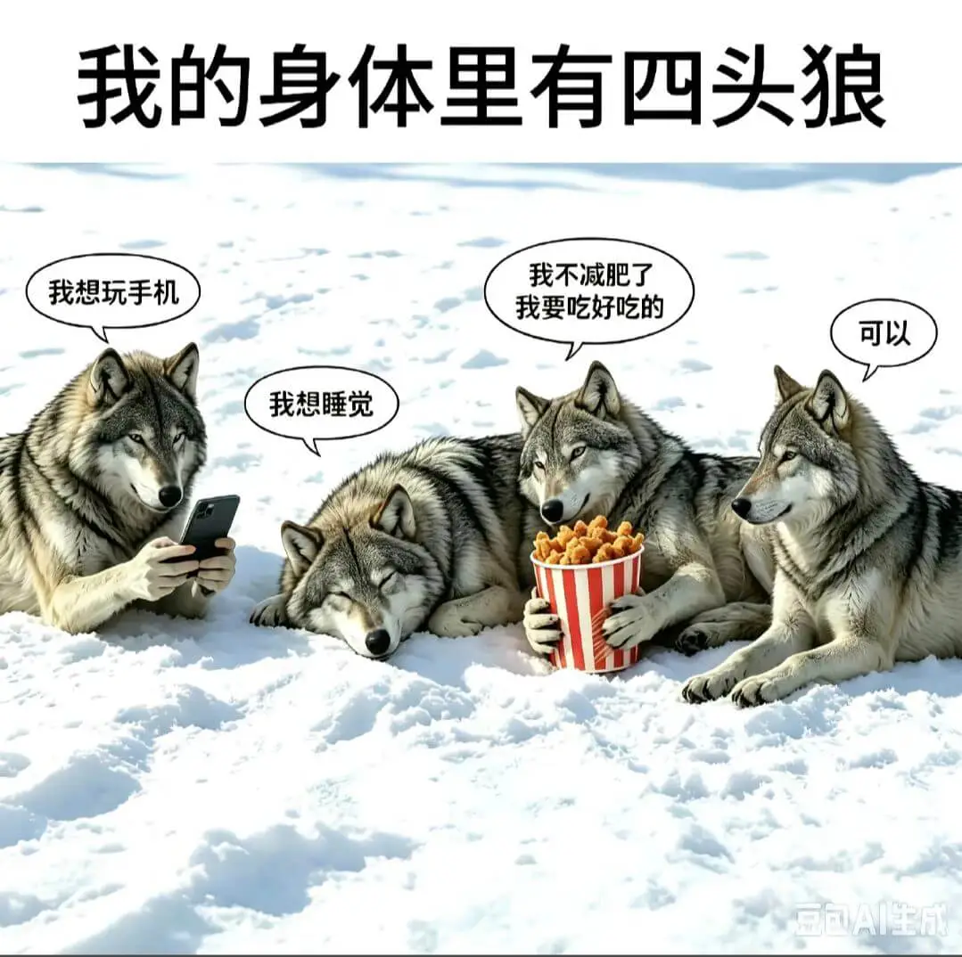 我的身体里有四头狼。我不减肥了，我想玩手机，我要吃好吃的，可