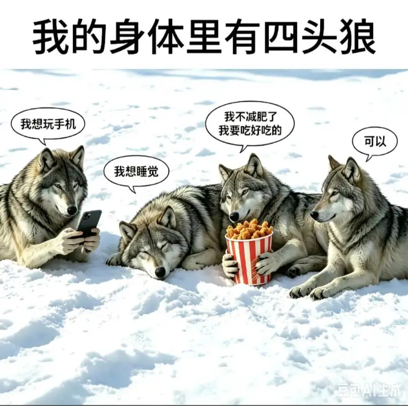 我的身体里有四头狼。我不减肥了，我想玩手机，我要吃好吃的，可