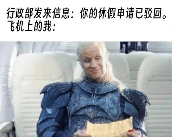 行政部发来信息:你的休假申请已驳回。飞机上的我:WX@