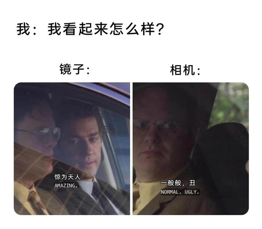 我：我看起来怎么样？镜子：相机：惊为天人般般，丑AMAZIN