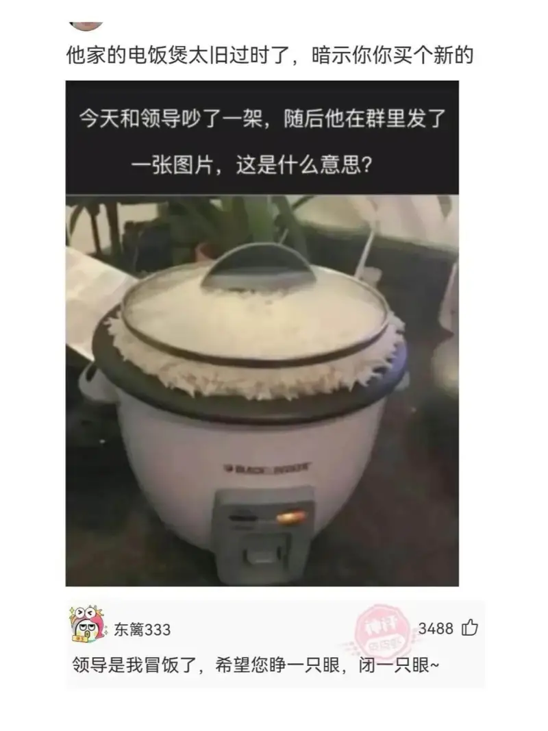 他家的电饭煲太旧过时了，暗示你买个新的。今天和领导吵了一架，