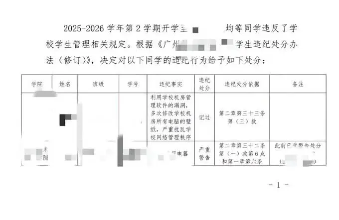 2025-2026学年第2学期开学至面均等同学违反了学校学生