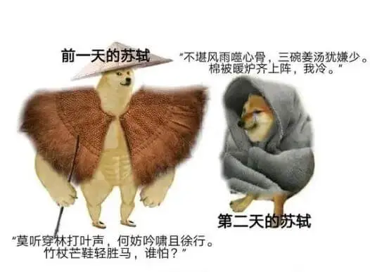 前一天的苏轼“不堪风雨噬心骨，三碗姜汤犹嫌少。棉被暖炉齐上阵