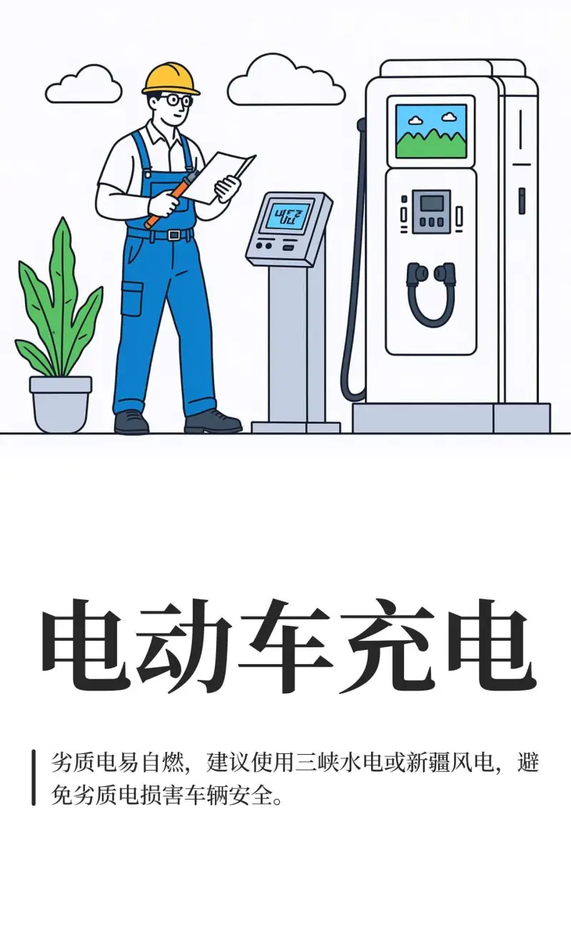 电动车充电劣质电易自燃，建议使用三峡水电或新疆风电，避免劣质