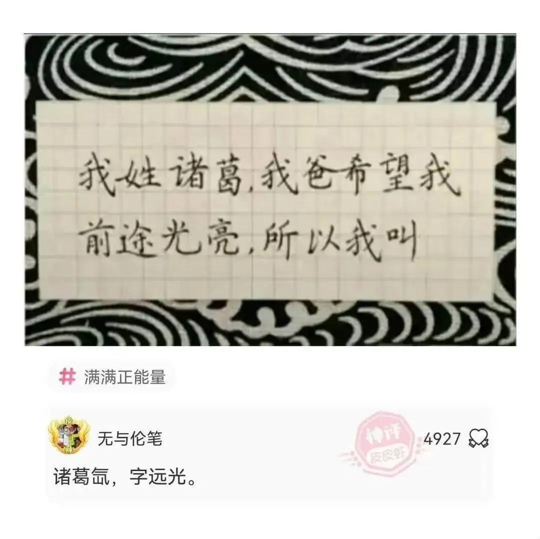 我姓诸葛，我爸希望我前途光亮，所以我叫满满正能量无与伦笔诸葛