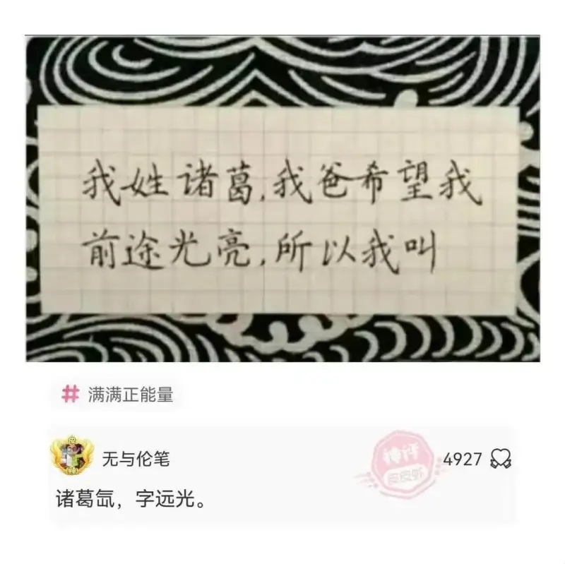 我姓诸葛，我爸希望我前途光亮，所以我叫满满正能量无与伦笔诸葛