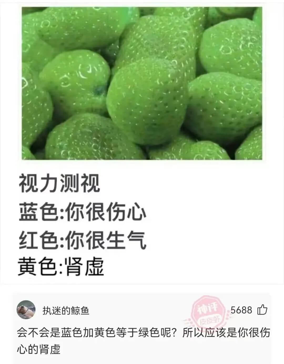 视力测视蓝色：你很伤心红色：你很生气黄色:肾虚神评执迷的鲸鱼