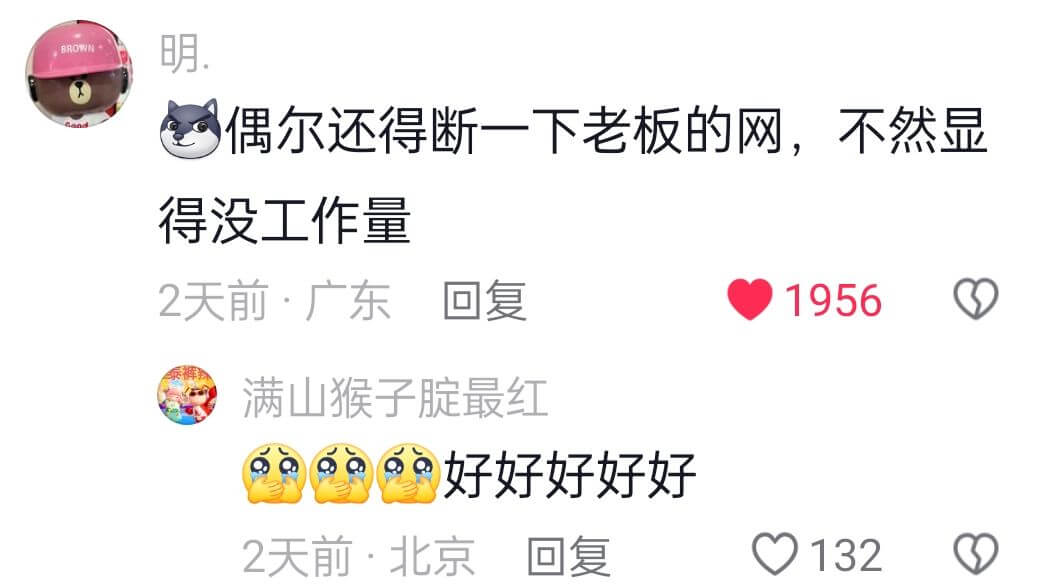 BROWN明.偶尔还得断一下老板的网,不然显得没工作量2天前