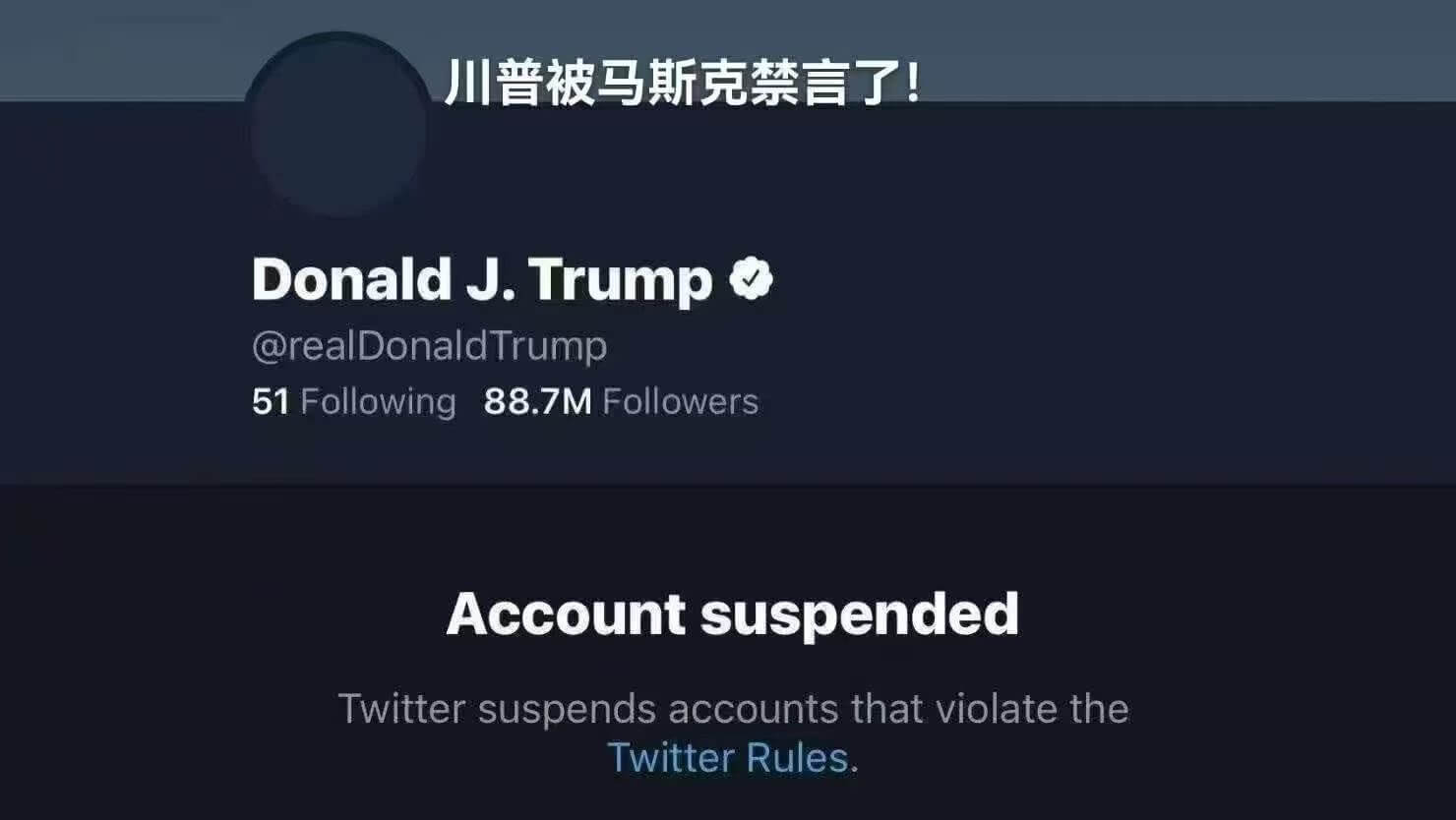 川普被马斯克禁言了！DonaldJ.Trump@realDo