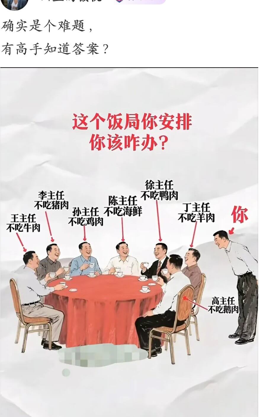 确实是个难题，有高手知道答案？这个饭局你安排，你该咋办？徐主