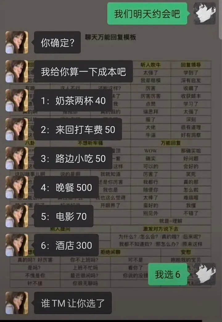 我们明天约会吧你确定?聊天万能回复模板我给你算一下成本吧1.