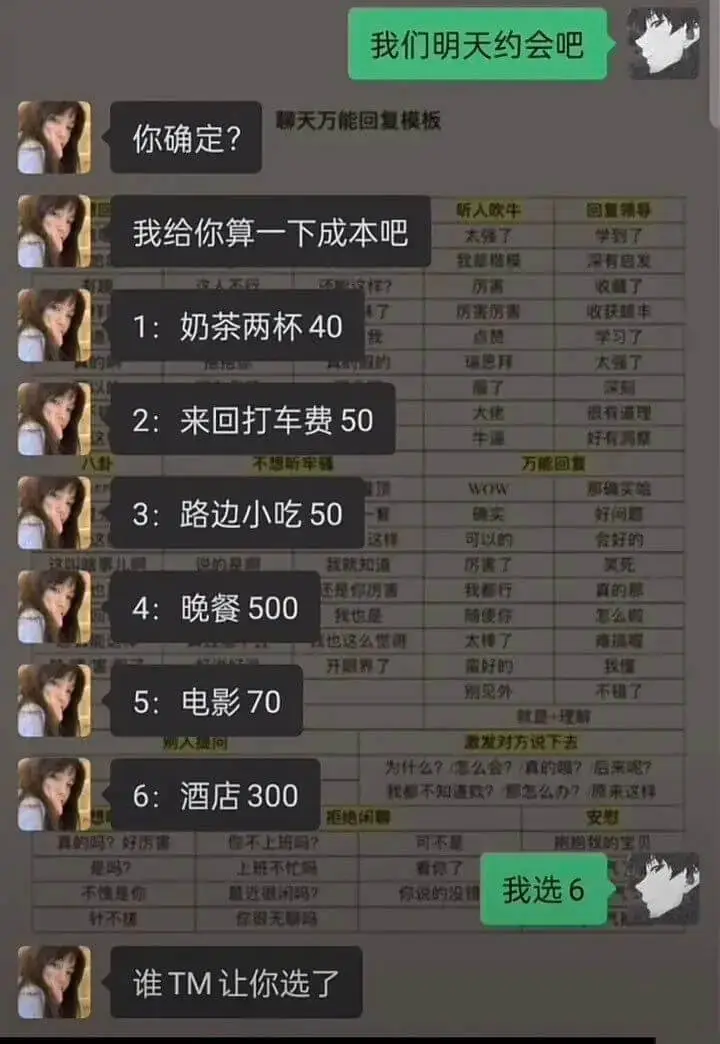 我们明天约会吧你确定?聊天万能回复模板我给你算一下成本吧1.