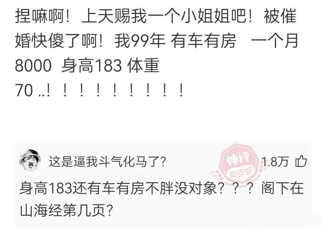 捏嘛啊!上天赐我一个小姐姐吧!被催婚快傻了啊!我99年有车有