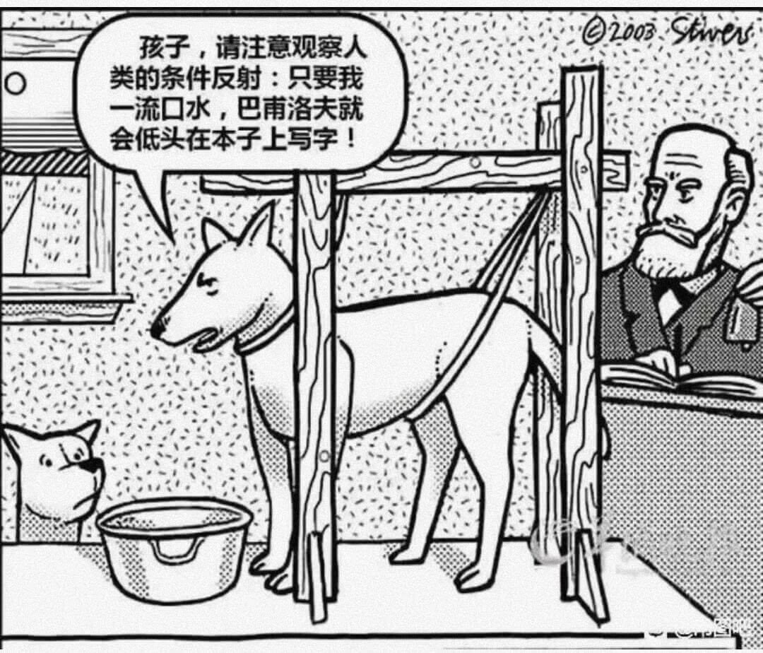 孩子，请注意观察人类的条件反射：只要我一流口水，巴甫洛夫就会