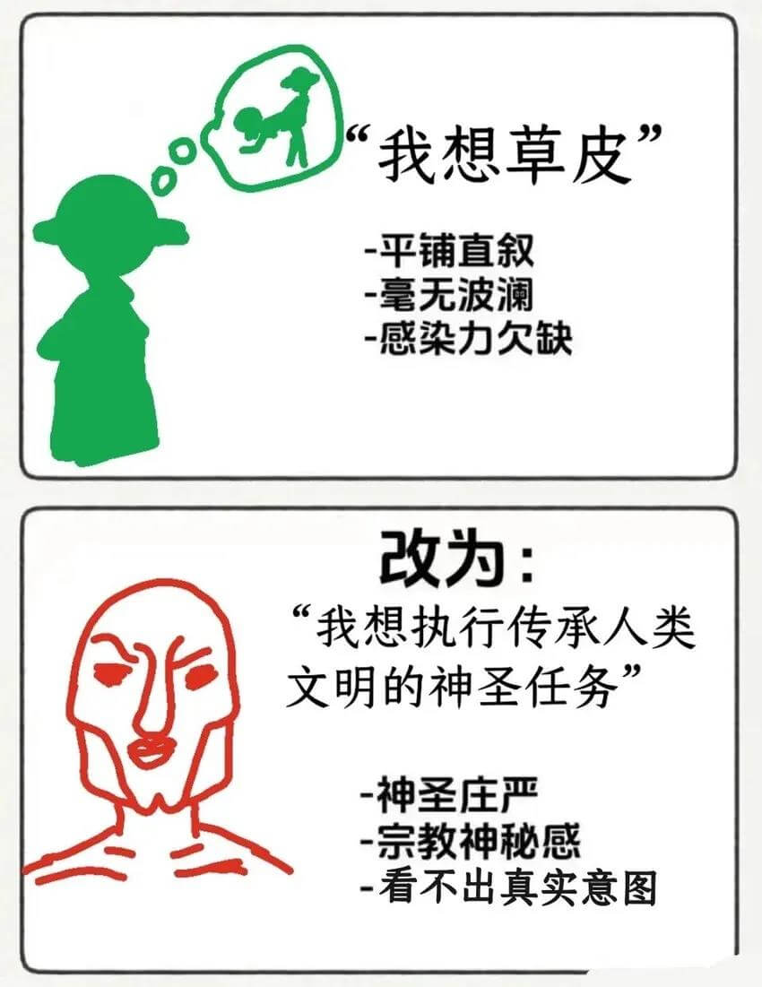 我想草皮。-平铺直叙-毫无波澜-感染力欠缺改为：“我想执行传