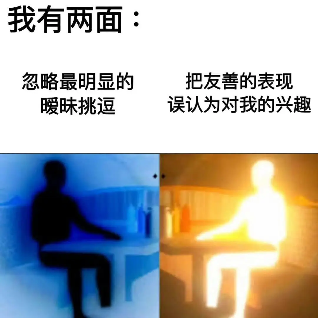 我有两面：忽略最明显的暧昧挑逗，把友善的表现误认为对我的兴趣