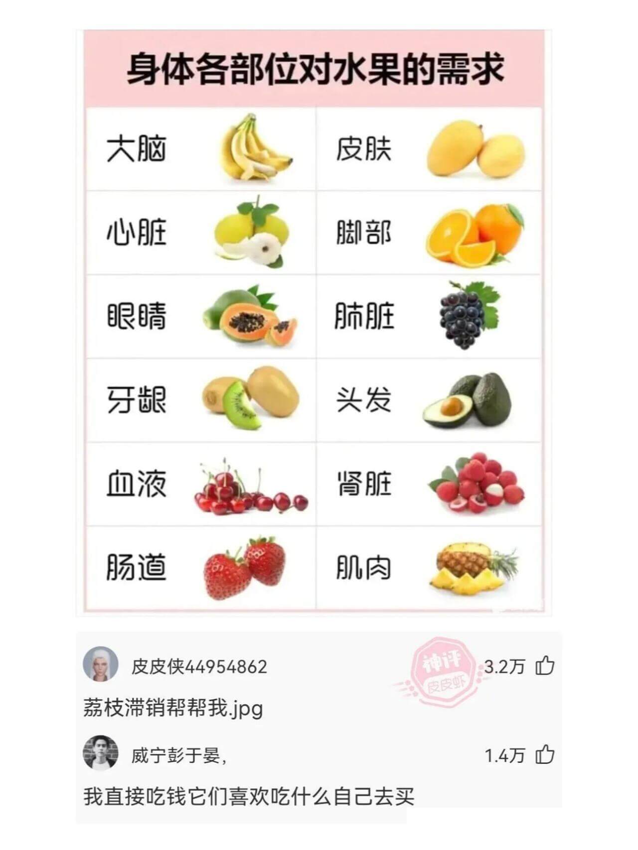 身体各部位对水果的需求：大脑皮肤心脏脚部眼睛肺脏牙龈头发血液