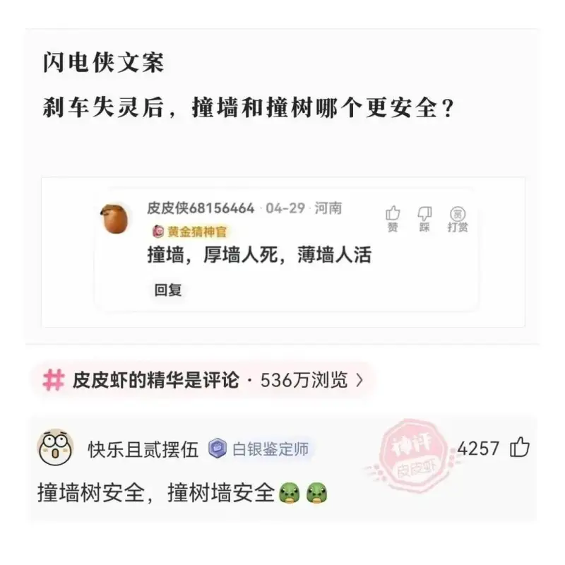 闪电侠文案刹车失灵后，撞墙和撞树哪个更安全？皮皮侠68156