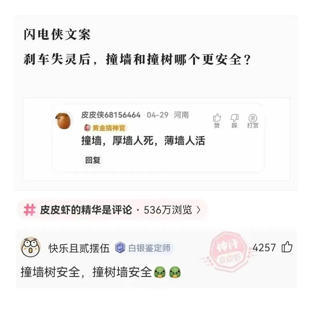 闪电侠文案刹车失灵后,撞墙和撞树哪个更安全?皮皮侠68156