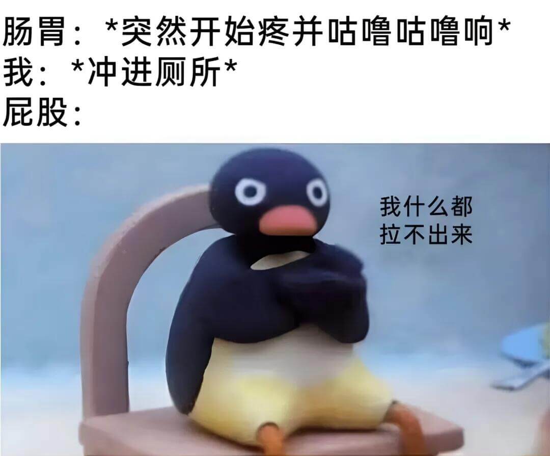 肠胃：*突然开始疼并咕噜咕噜响我：＊冲进厕所屁股：我什么都拉
