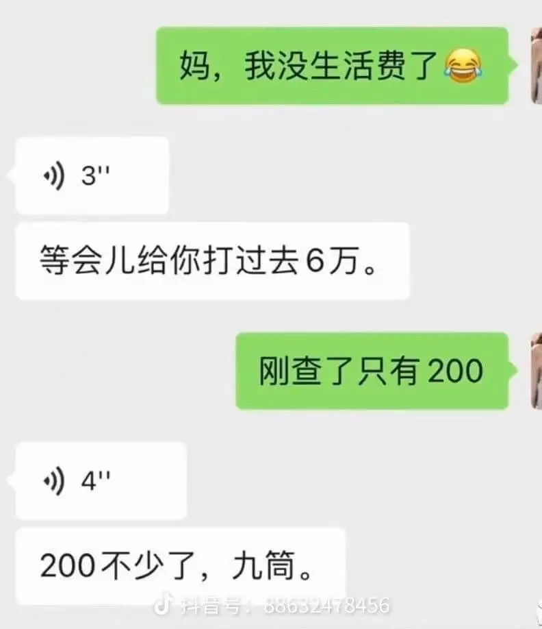 妈，我没生活费了。等会儿给你打过去6万。刚查了，只有200。