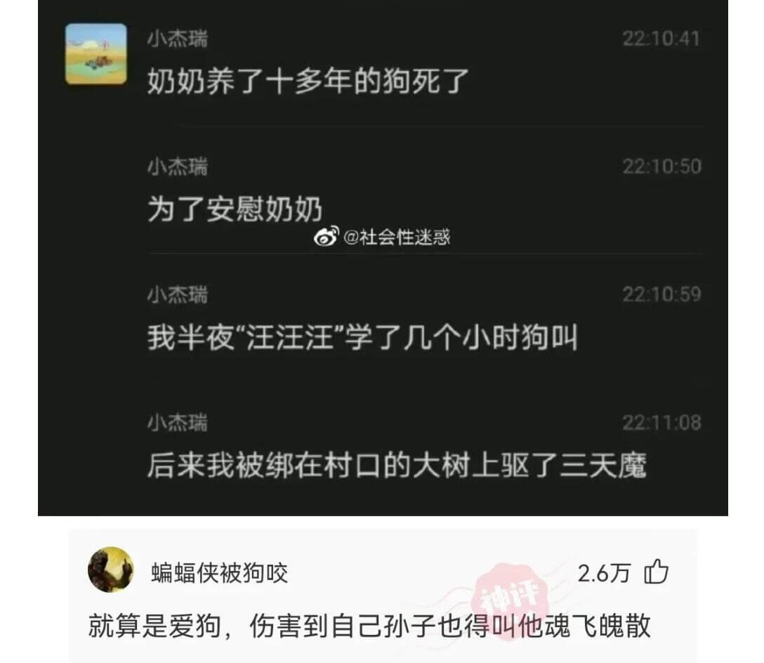 小杰瑞22:10:50为了安慰奶奶，我半夜“汪汪汪”学了几个