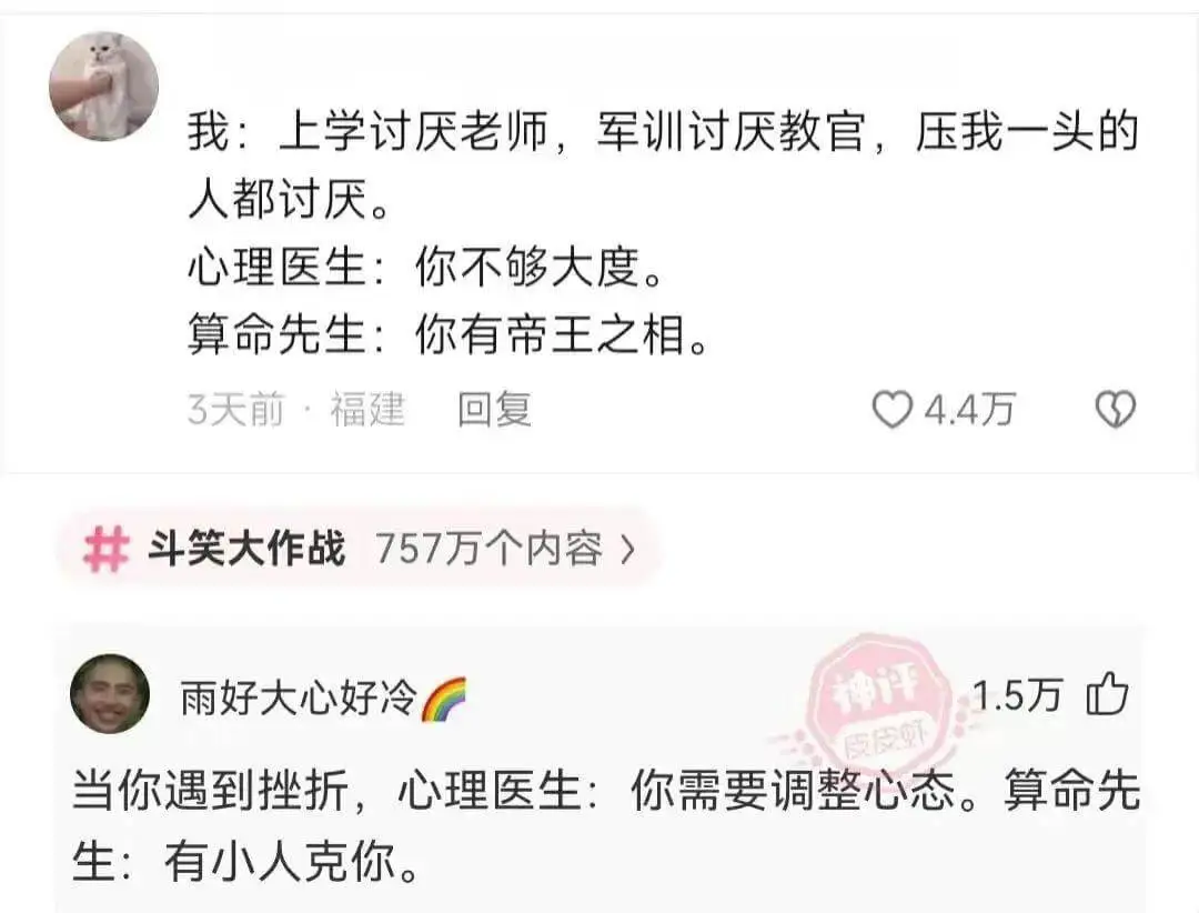 我:上学讨厌老师,军训讨厌教官,压我一头的人都讨厌。心理医生