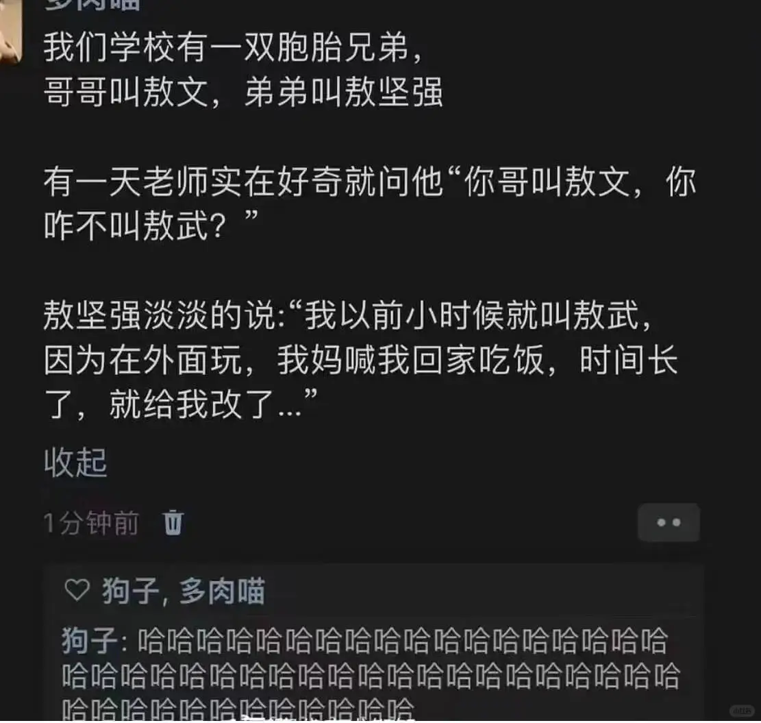 夕内我们学校有一双胞胎兄弟，哥哥叫敖文，弟弟叫敖坚强有一天老