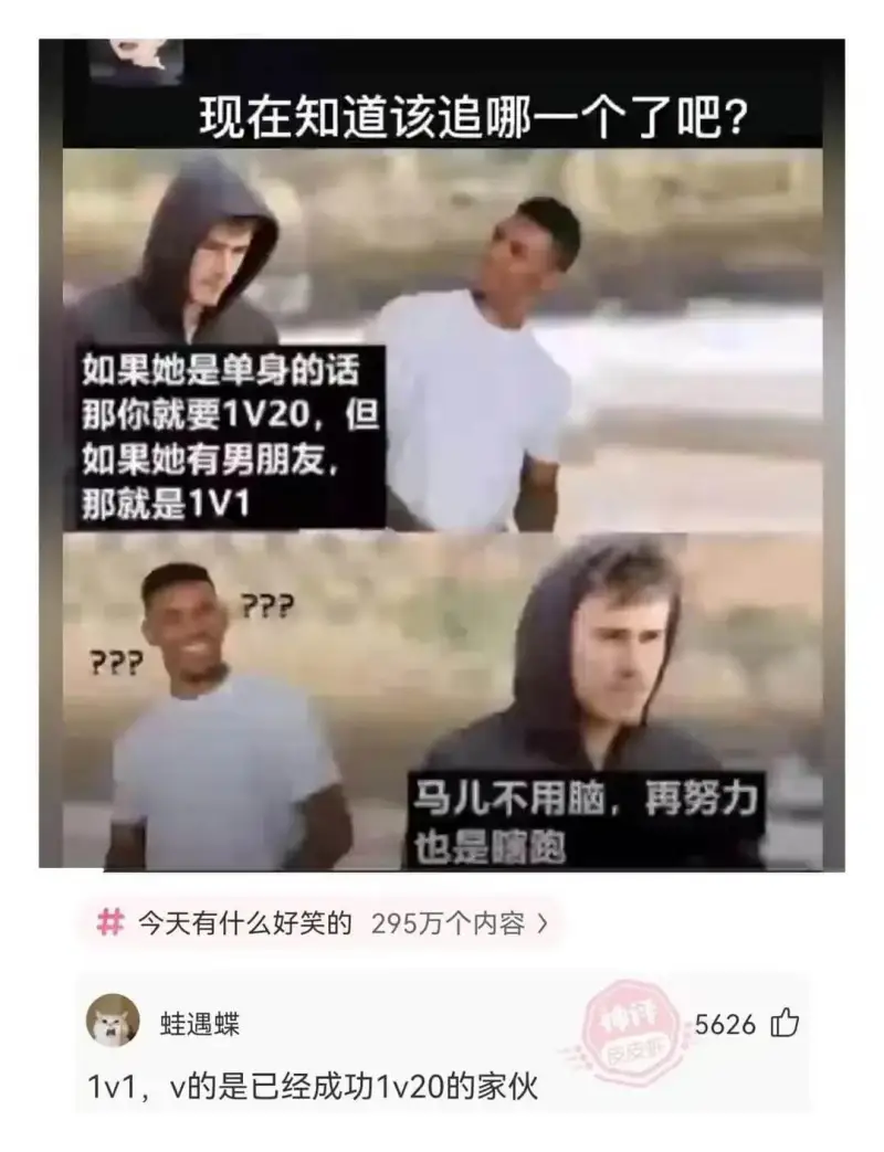 现在知道该追哪一个了吧？如果她是单身的话那你就要1V20，但